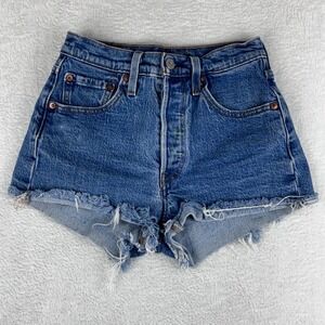 Levis 501 Denim Shorts High Waisted Button Fly‎ Frayed Hem Blue Wash W24